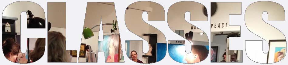 Interior of SCMAC classroom/gallery with students, easels inside VISUAL ARTIST text