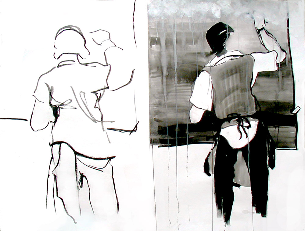 ink and mixed media of student in 2 settings painting drawing ink