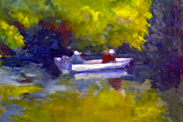 quick painting of boat 2 figures trees water