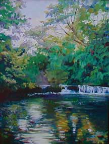 The peaceful Highlands Park Nature Trail Waterfall in the Santa Cruz Mountians, CA. borders the San Lorenzo River