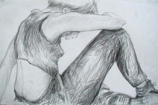 graphite drawing on paper of seated figure
