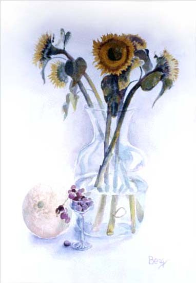 watercolor sunflowers in vase with grapes, stemware, canteloupe